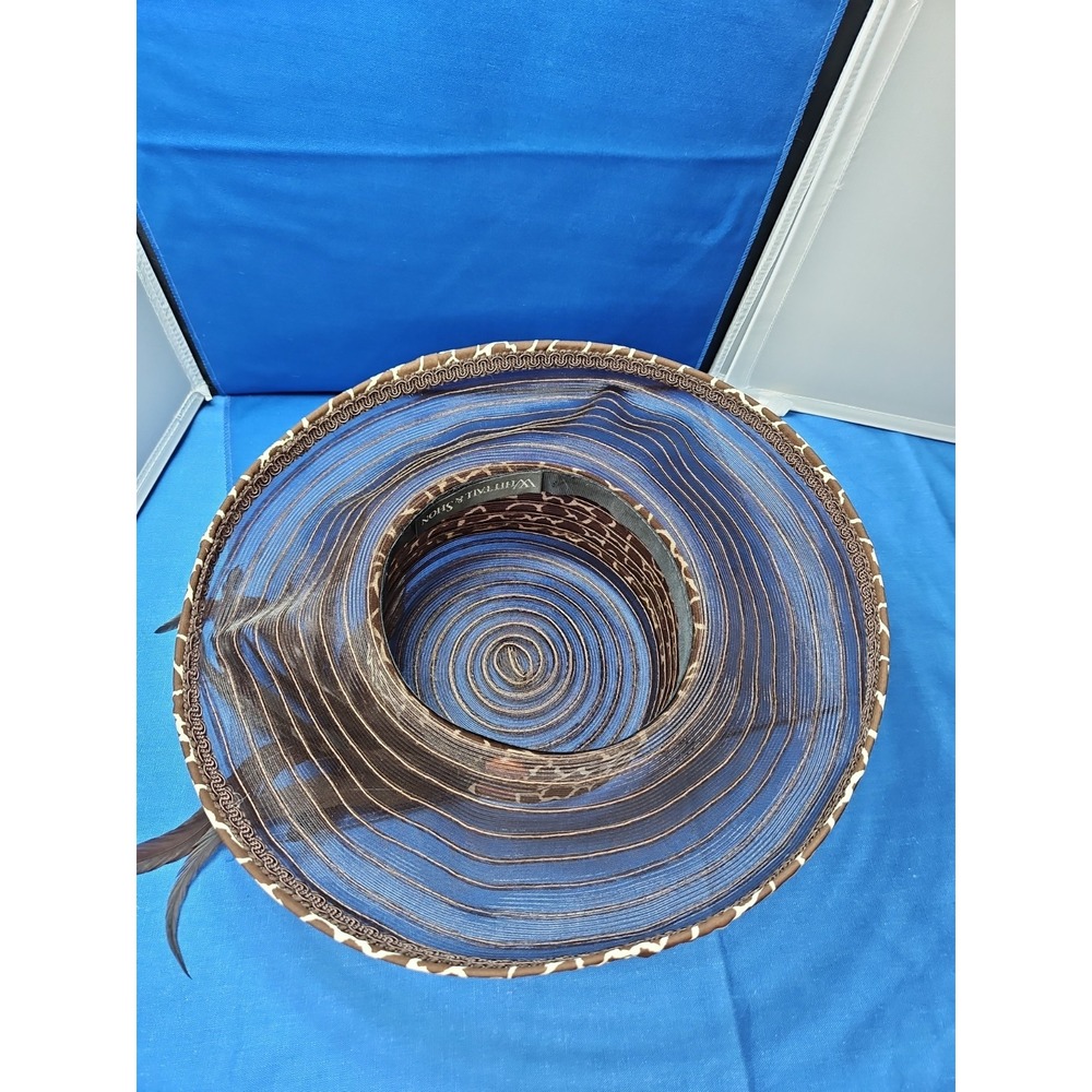 Church Derby Straw Hat Wide Brim Long Feathers Animal Print Whittall & Shon VTG - Picture 6 of 11